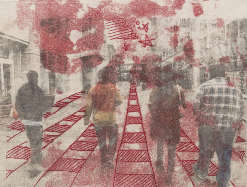 Gwen Romer’s monoprint depicts four people walking down a street in an urban area